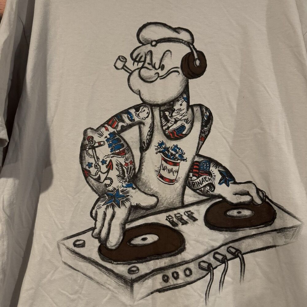 Popeye the Sailor Man DJ Turntable Graphic T-Shirt Gray XXL 2XL Hip Hop Record - Picture 2 of 6